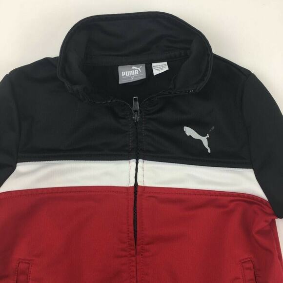 Puma Boys Activewear Jacket Red Black Color Block Full Zip Pockets Long Sleeve 4 - Picture 2 of 6